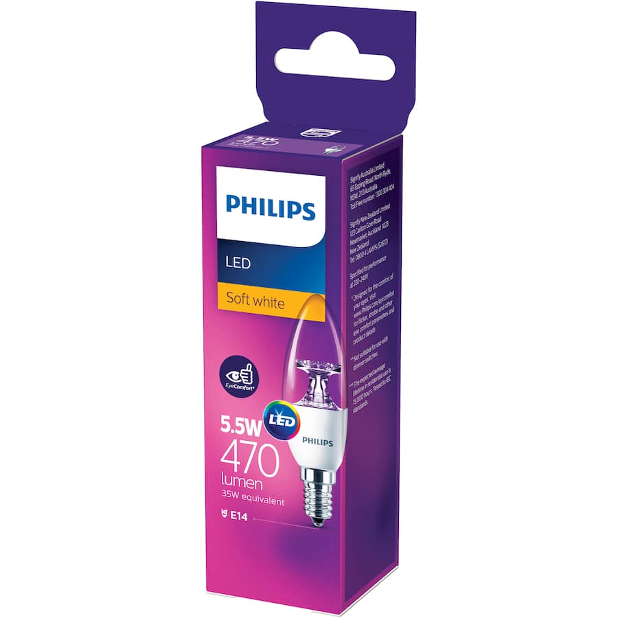 Philips 5.5W LED Screw Candle Bulb emitting 470 lumens of warm white light, ideal for energy-efficient indoor illumination.
