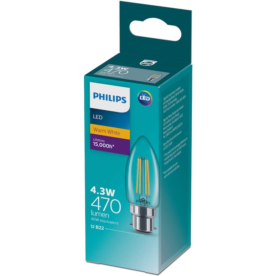 Philips Bayonet Candle Bulb Led 4.3w 470 Lumen Warm White 1pack