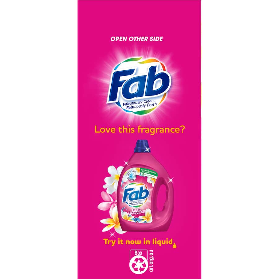 Fab Laundry Powder Fresh Frangipani in a box, featuring a floral design and promises of 30 days of lasting freshness.