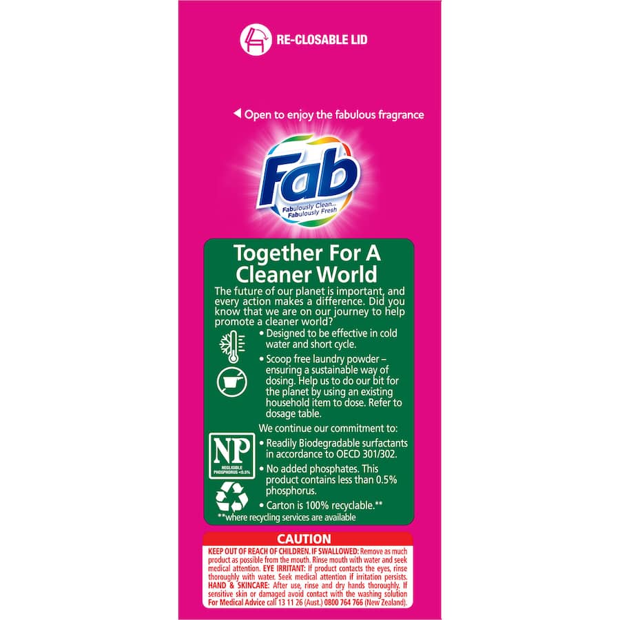 Fab Laundry Powder Fresh Frangipani for front and top loaders, delivering long-lasting fragrance and cleaning power for all fabrics.