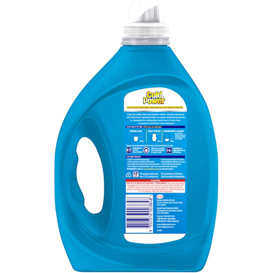 Cold Power Advanced Clean liquid detergent in 2 litres for 40 washloads, ensuring bright whites even in cold water.