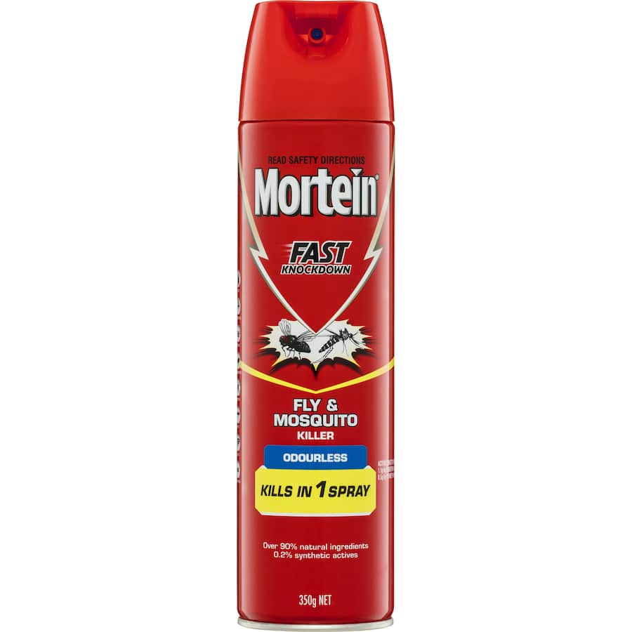 Odourless Mortein Fly Spray for effective insect control, safe for homes with children and pets, kills various flying pests.