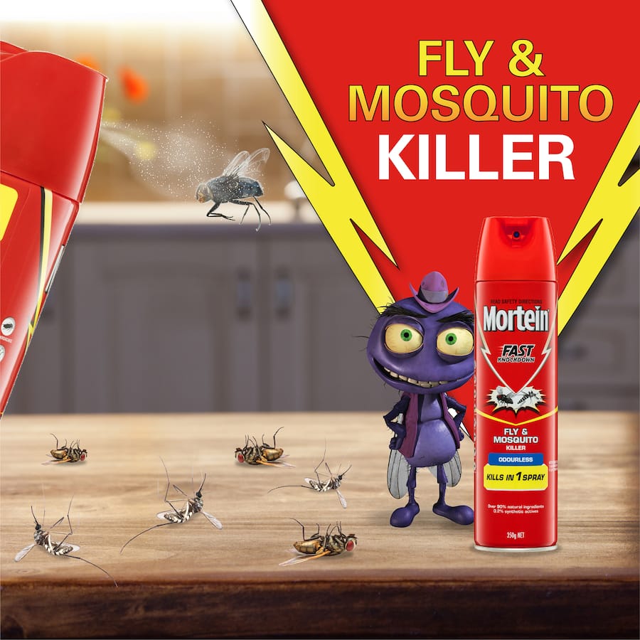 Mortein Fly Spray Odourless: Powerful insect killer for flies, mosquitoes, and more, featuring over 90% natural ingredients.