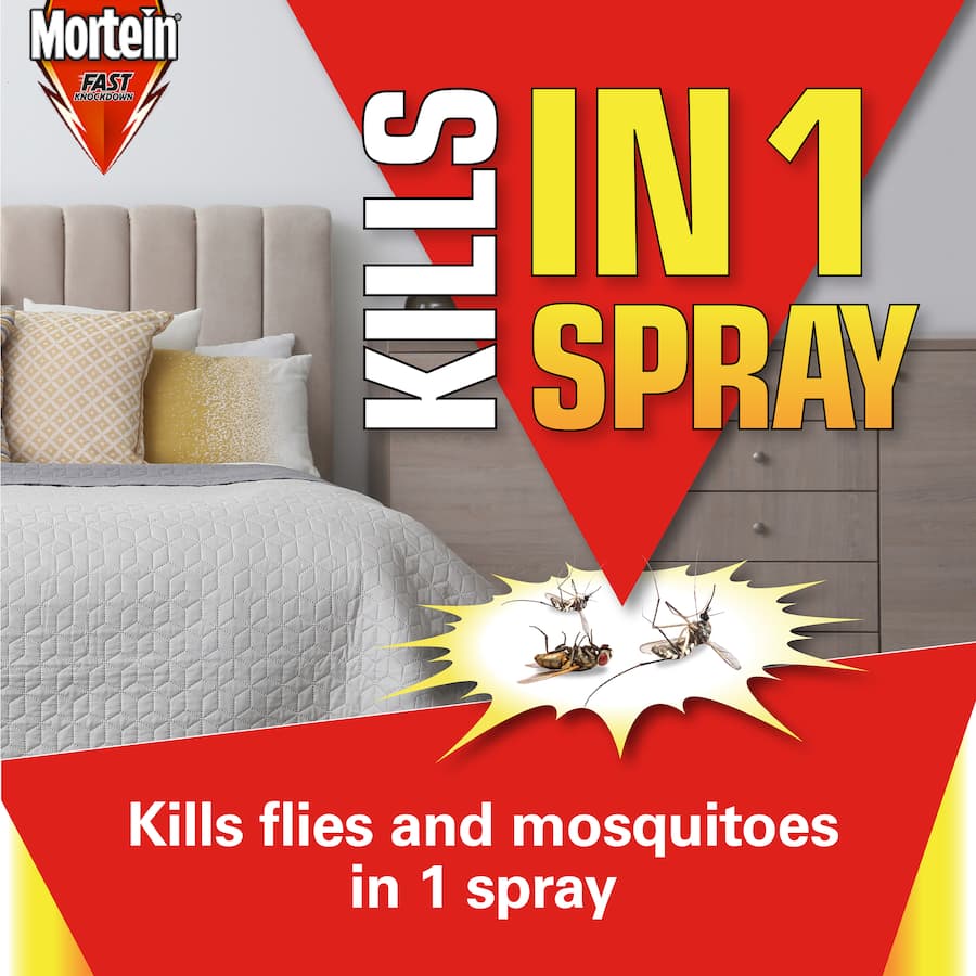 Mortein Odourless Fly Spray aerosol effectively eliminates a variety of flying insects without lingering chemical smells.