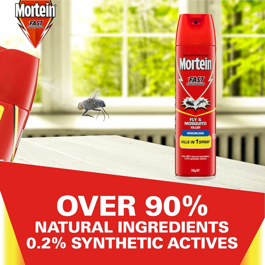 Mortein Odourless Fly Spray in a sleek can, designed for fast-acting control of flying insects without lingering smells.