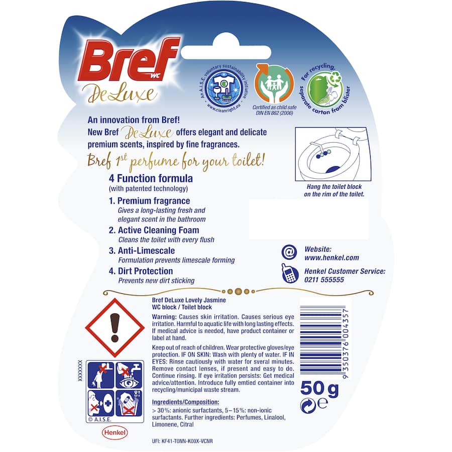Bref Deluxe Toilet Flush Lovely Jasmine: A rim block cleaner offering long-lasting floral fragrance and effective hygienic cleaning.