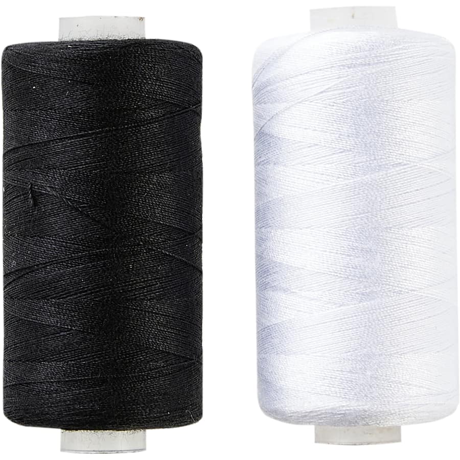 Korbond black and white polyester thread, strong and fade-resistant, ideal for all sewing projects.