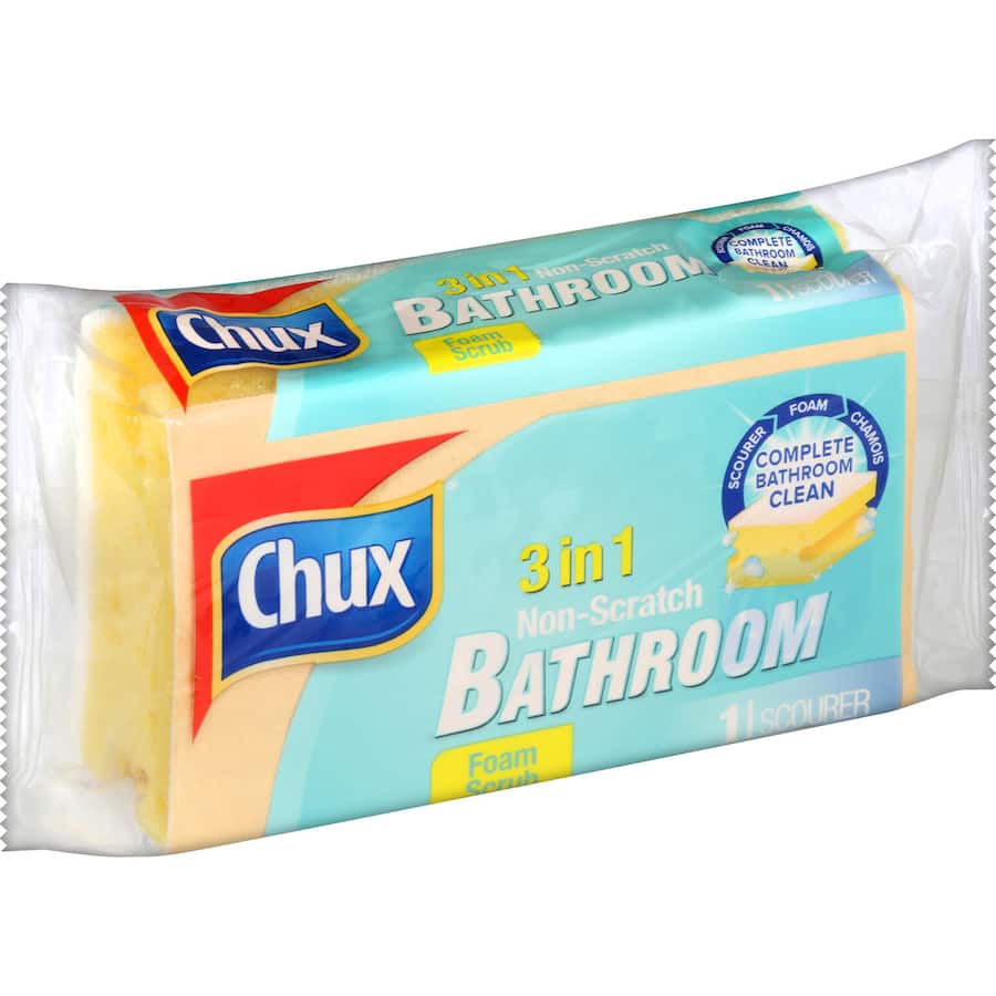 Chux Scourer 3 N 1 Foam Scrub with absorbent sponge, non-scratch scourer, and chamois for streak-free cleaning.