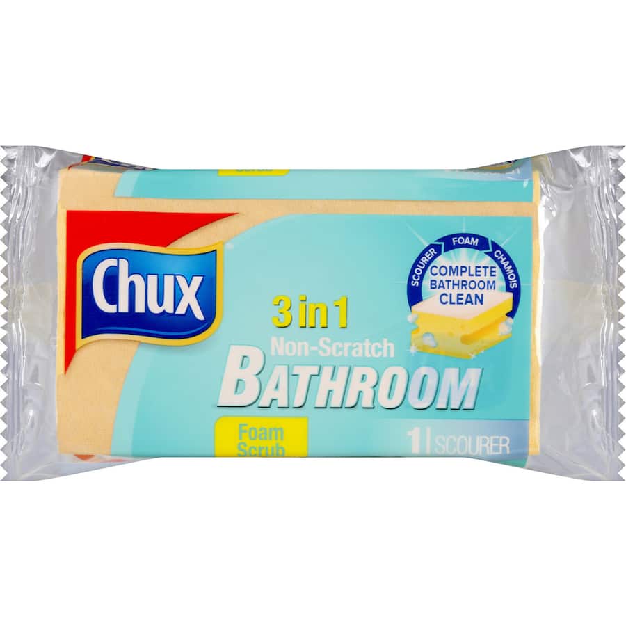 Chux Scourer 3 N 1 Foam Scrub: versatile sponge for cleaning, soaking spills, and drying surfaces streak-free.