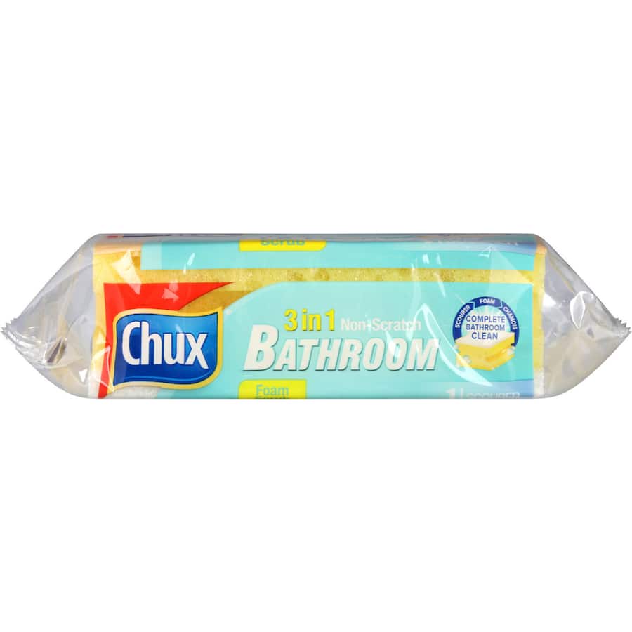 Chux Scourer 3 N 1 features an absorbent sponge, non-scratch scourer, and chamois for efficient bathroom cleaning.