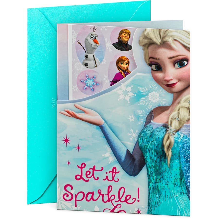 Colorful Hallmark Frozen birthday card featuring Elsa and Anna, perfect for celebrating magical moments and childhood joy.