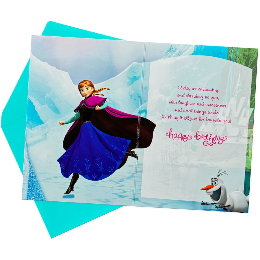 Colorful Hallmark birthday card featuring Elsa and Anna from Frozen, inviting joy and sparkle for special celebrations.