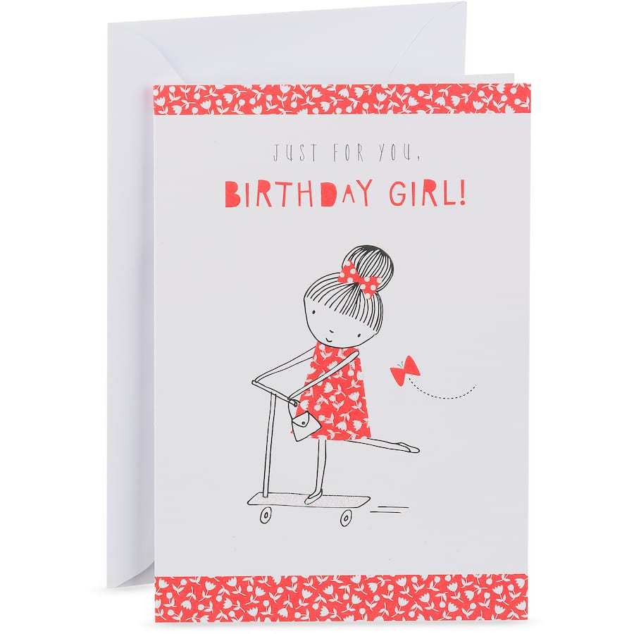 Pink birthday card for girls featuring whimsical illustrations and a blank interior for heartfelt messages.