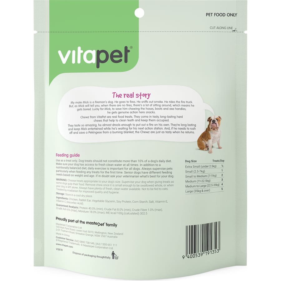 Vitapet Dog Treats Chewz Rabbit & Chicken Paste, safe dental snacks promoting oral health and packed with protein for dogs.
