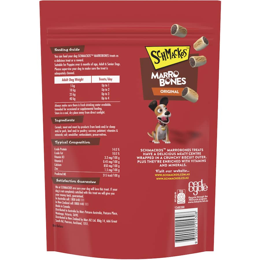 Schmackos Dog Treats Marrowbones with meaty center, crunchy biscuit, vitamins, and calcium in a resealable bag.