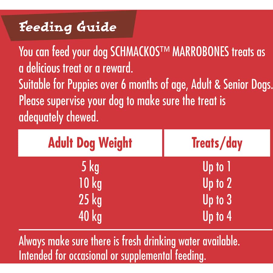 Schmackos Dog Treats Marrowbones featuring a meaty center and crunchy biscuit, enriched with vitamins and calcium.