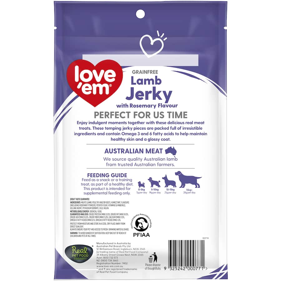 Love Em Lamb Jerky Dog Treats with Rosemary, made from Australian lamb, grain-free, supports skin health, ideal for training.