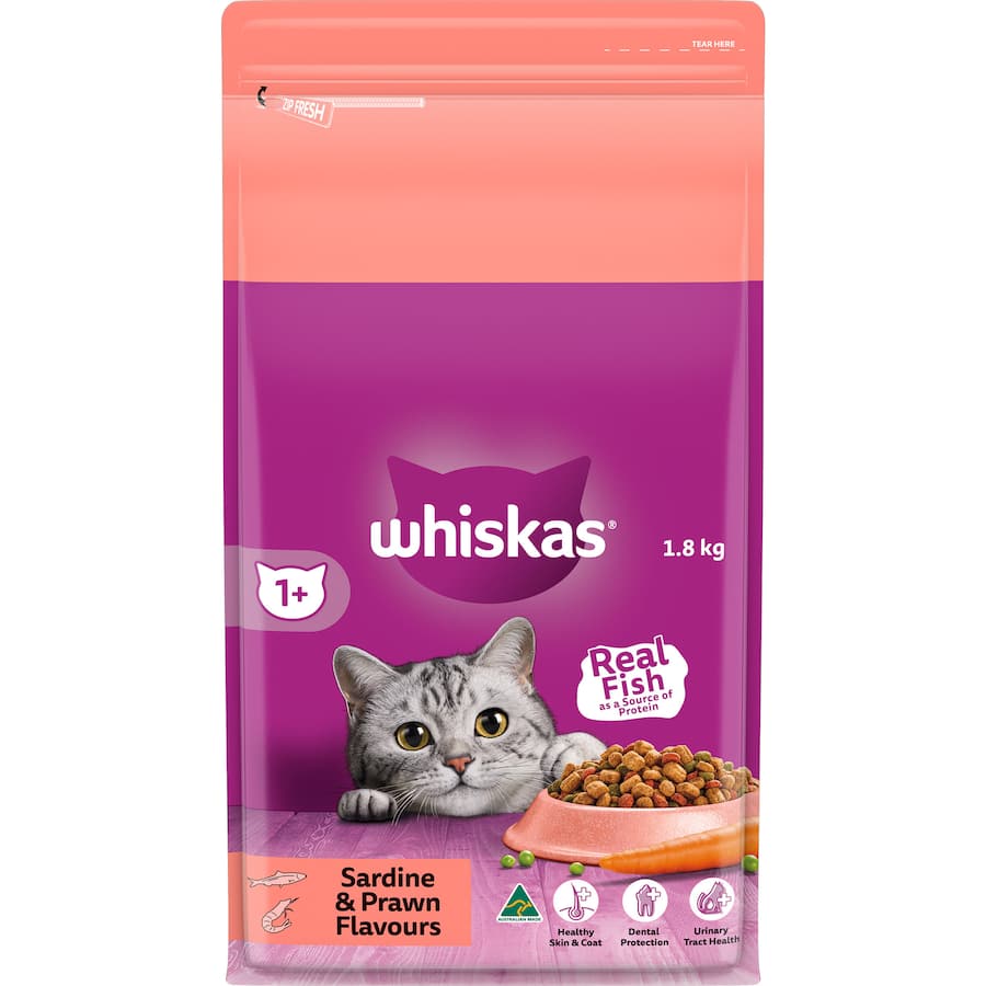 Whiskas Dry Cat Food Sardine & Prawn: nutritious kibble with real fish for healthy skin, dental care, and urinary health.
