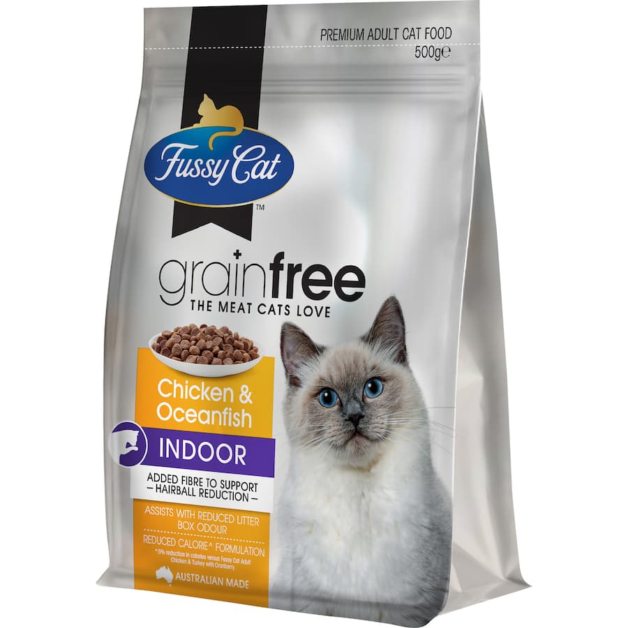 Fussy Cat Grain Free Dry Cat Food featuring chicken and ocean fish, designed for indoor cats' health and comfort.