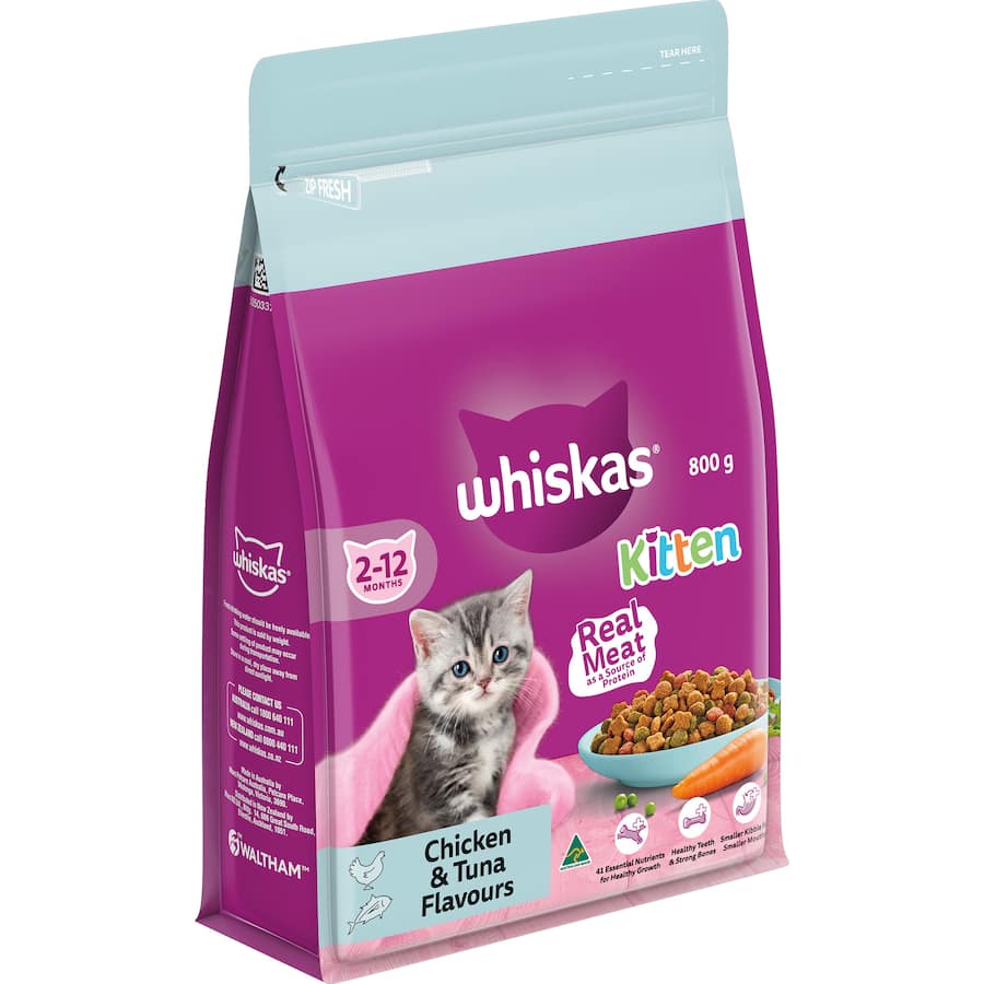 Whiskas Kitten Dry Cat Food with Chicken & Tuna promotes healthy growth with 41 nutrients and smaller kibble for easy chewing.
