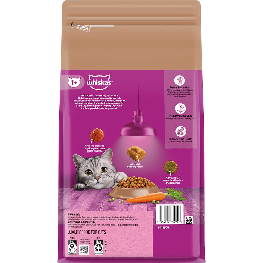Whiskas Senior Dry Cat Food with beef and lamb, tailored for senior cats' health, supports muscles and dental care.