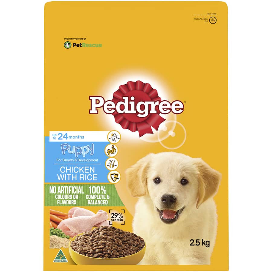 Pedigree Puppy Dry Dog Food Chicken & Rice 2.5kg bag, designed for optimal growth with protein, vitamins, and minerals.