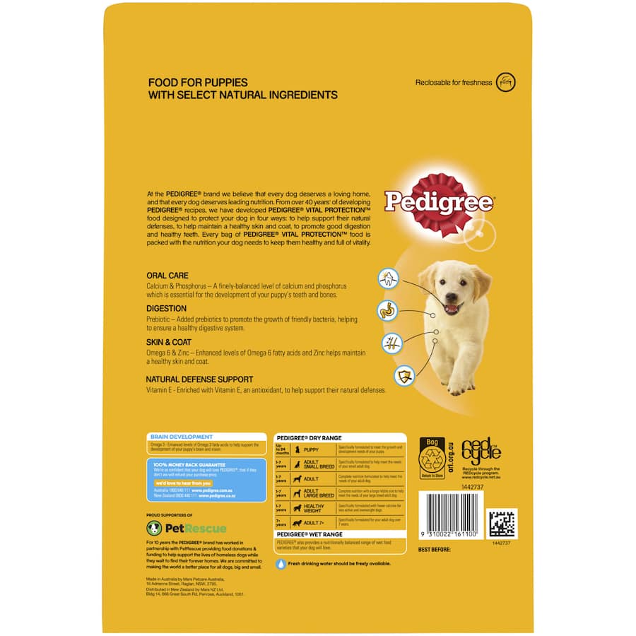 Pedigree Puppy Dry Dog Food Chicken & Rice 2.5kg bag, formulated for optimal puppy growth and essential nutrition.