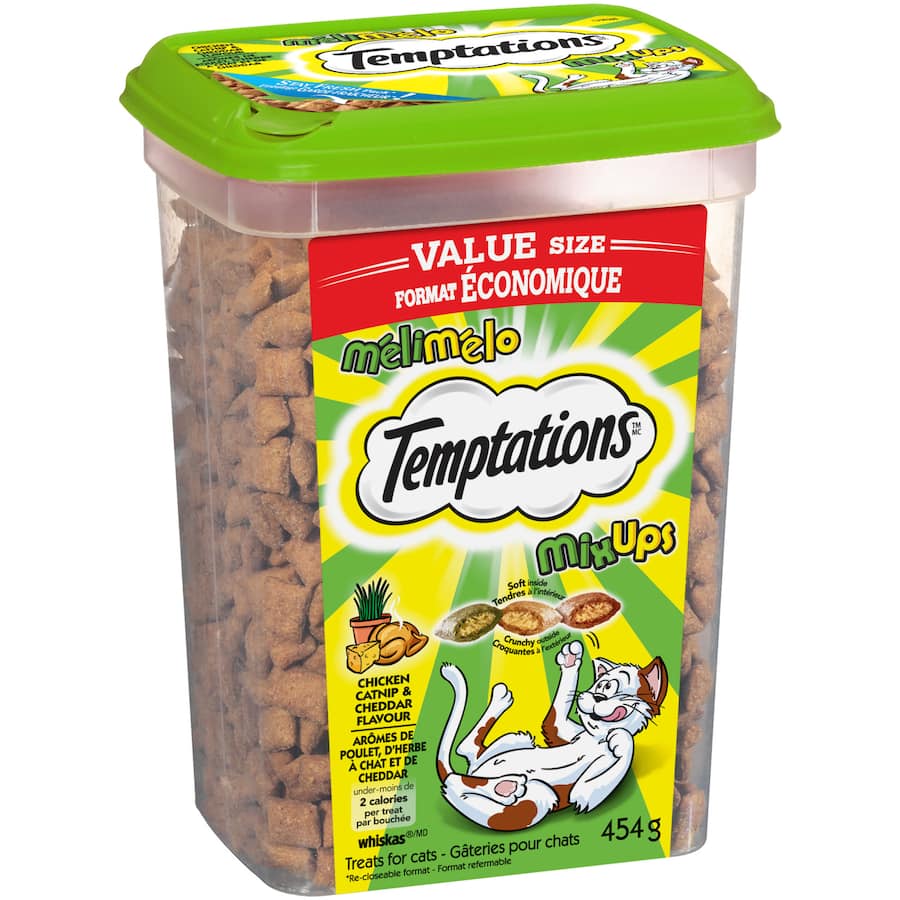 Temptations Mix Ups Cat Treats in a resealable tub offer chicken, catnip, and cheddar flavors, perfect for rewarding your cat.