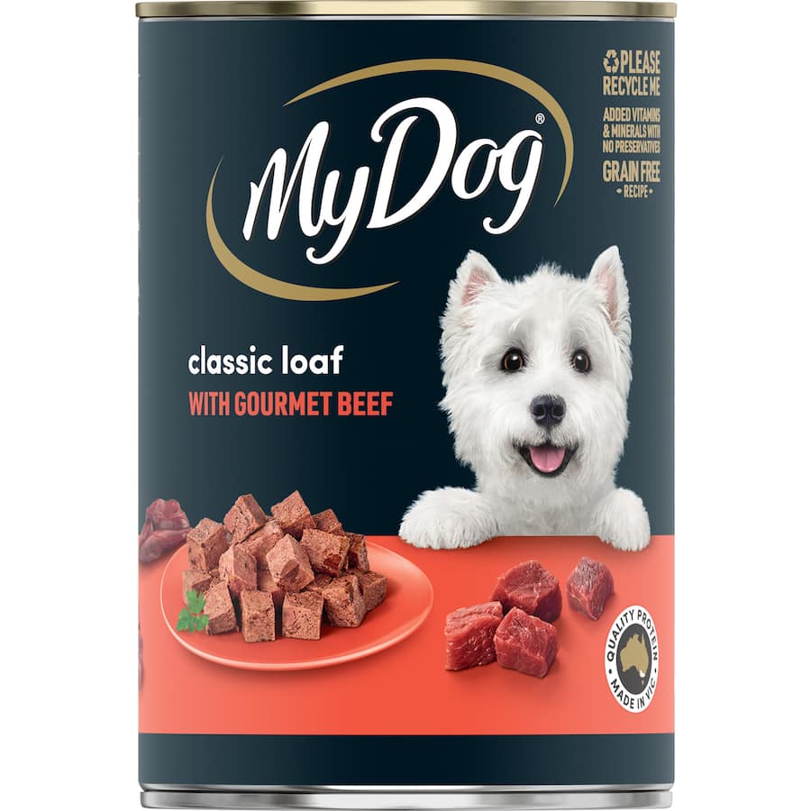 Gourmet beef wet dog food in a 400g can, offering a nutritious and delicious meal for discerning canine companions.