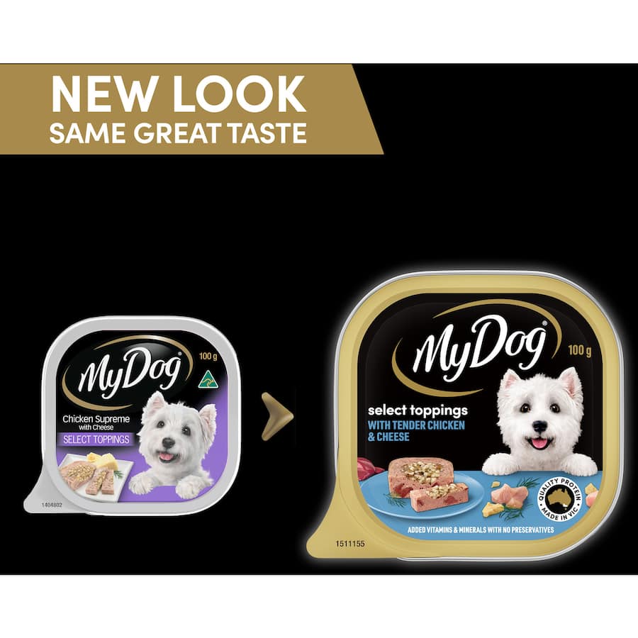 A 100g tray of My Dog Wet Dog Food featuring tender Australian chicken, rich cheese topping, and essential nutrients for dogs.