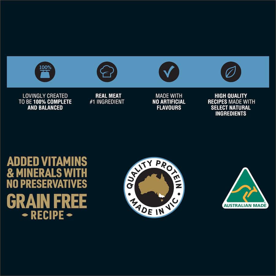 Delectable wet dog food featuring Australian chicken and cheese, ensuring a complete and balanced meal for your dog.