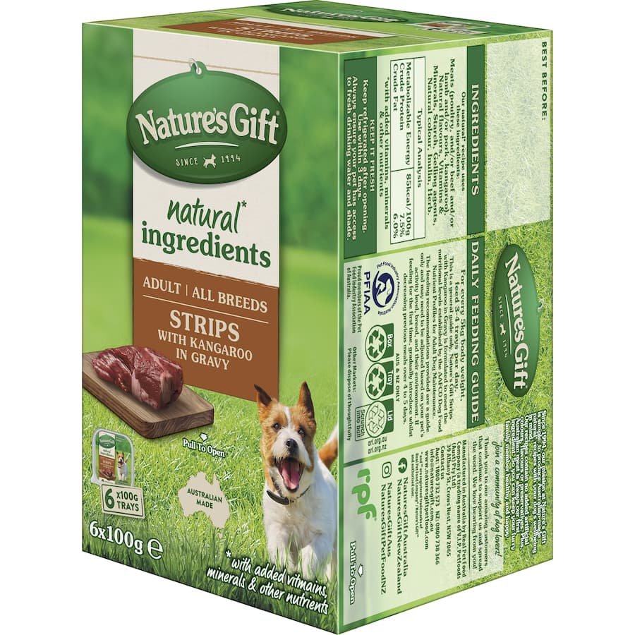 Nature's Gift Wet Dog Food Strips featuring kangaroo meat in delicious gravy, offering balanced nutrition for all dog life stages.