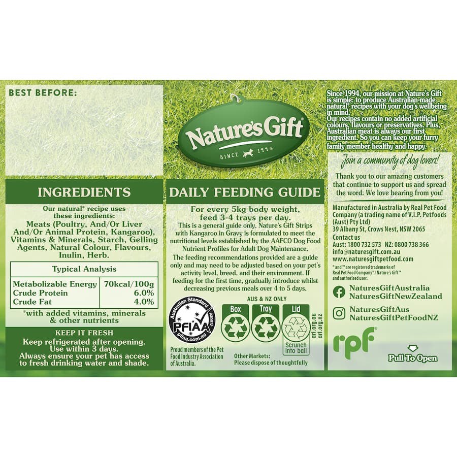 Nature's Gift Wet Dog Food Strips with Kangaroo & Gravy, featuring natural ingredients and essential nutrients for all dog life stages.
