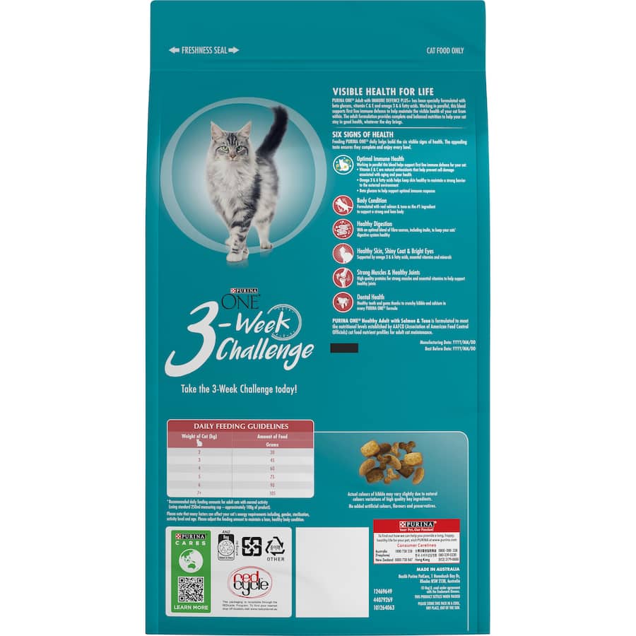 Purina One Dry Cat Food with Salmon & Tuna, high in protein, supports immune health and promotes vibrant skin and coat.