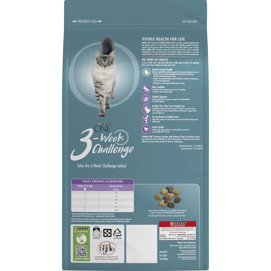Purina One Dry Cat Food Salmon & Tuna for sensitive cats, enriched with protein, antioxidants, and omega fatty acids for health.