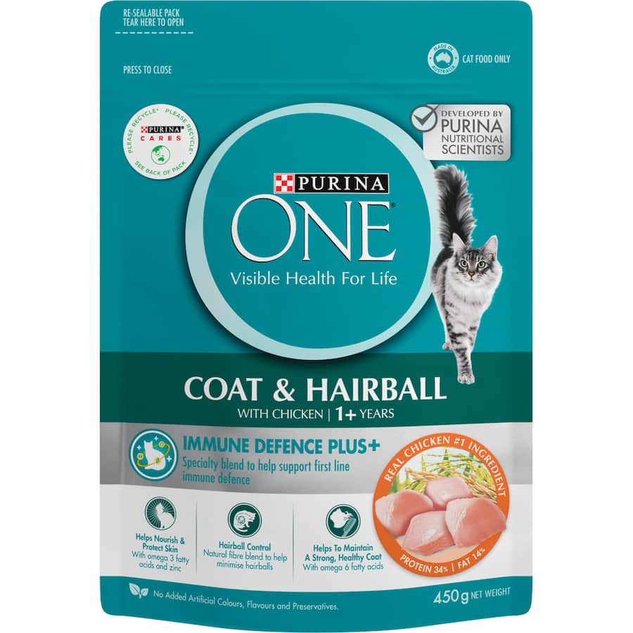 Purina One Coat & Hairball Dry Cat Food Chicken Bag 450g