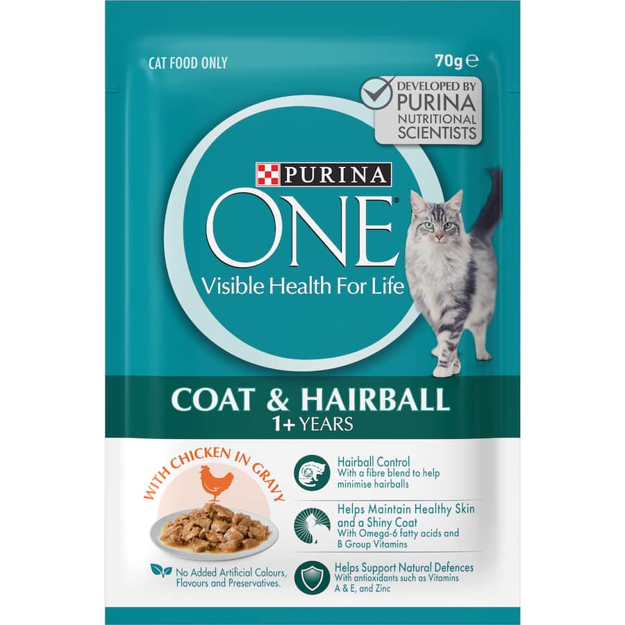 Succulent chicken in gravy wet cat food for healthy skin, beautiful coat, and minimized hairball formation for adult cats.