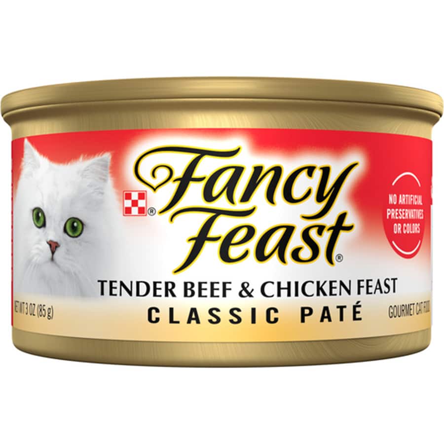 Fancy Feast Wet Cat Food Tender Beef & Chicken Feast in a can, showcasing smooth pâté made with premium beef and chicken.