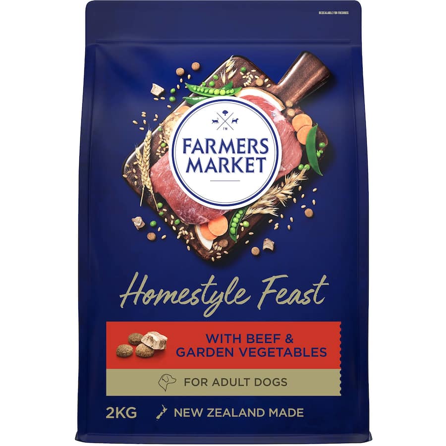 Farmers Market Dry Dog Food with beef and vegetables, promoting health and vitality for all life stages.