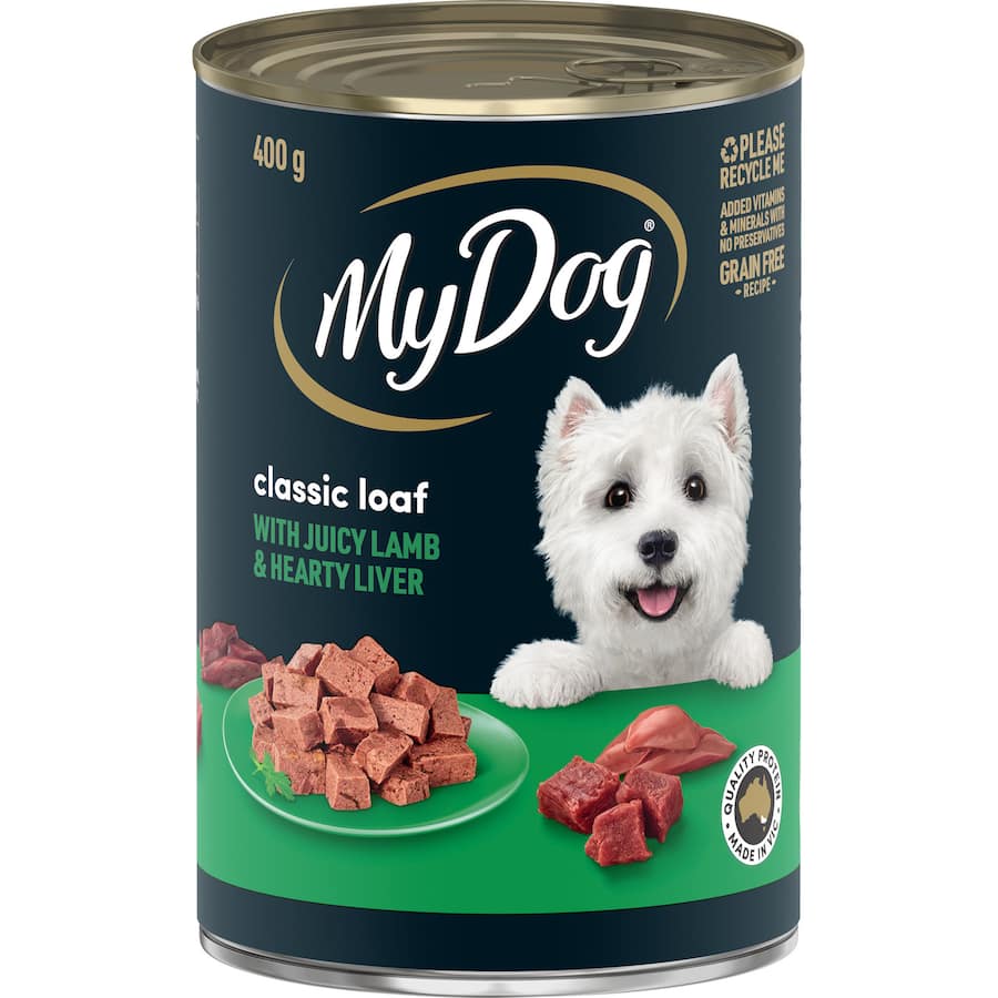 Delicious My Dog Wet Dog Food in a 400g can, featuring rich lamb and liver for a nutritious, tasty meal.