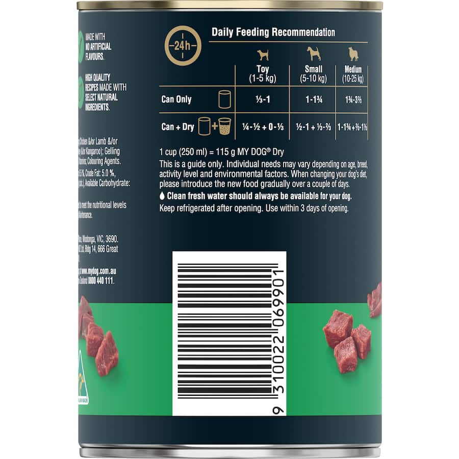 A 400g can of My Dog Wet Dog Food featuring tender lamb and liver, rich in nutrients and free from artificial preservatives.