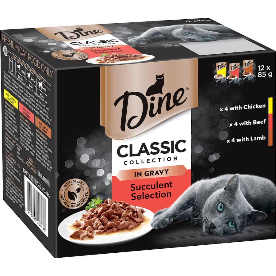 Dine Classic Collection Wet Cat Food features tender meat slices in savory gravy, perfect for nourishing and delighting your cat.