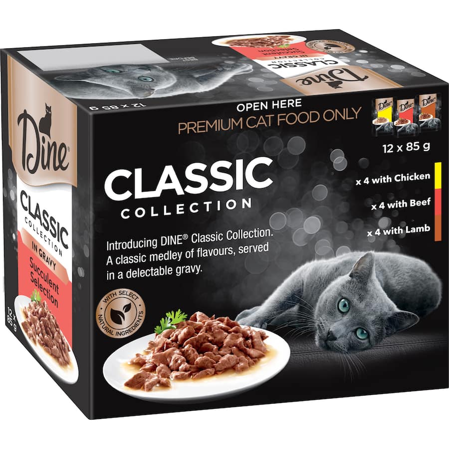 Dine Classic Collection wet cat food featuring mixed meats in savory gravy for a nutritious and tasty meal for your feline friend.