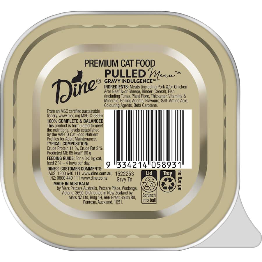 Dine Pulled Menu Wet Cat Food with Tuna featuring tender tuna shreds in rich gravy, perfect for picky eaters and nutrition.