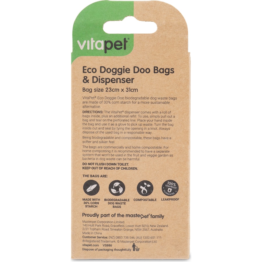 Biodegradable dog waste bags made from 30% corn starch, leakproof and compostable for eco-friendly pet owners.