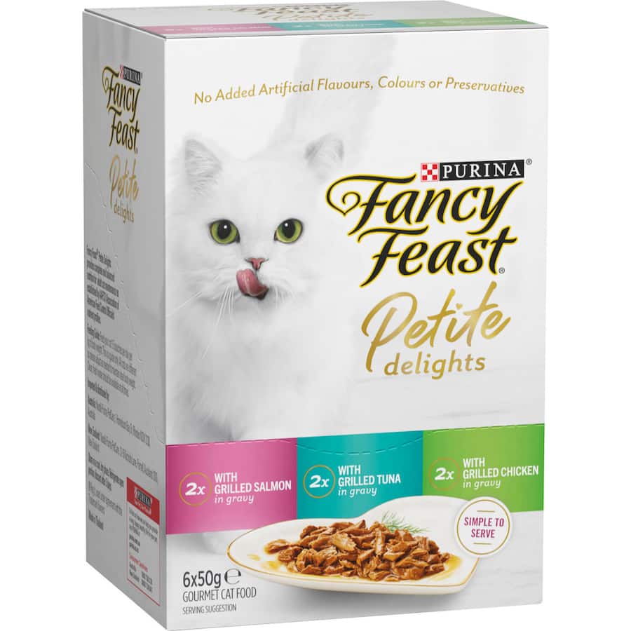 Gourmet wet cat food with grilled salmon, tuna, and chicken for adult cats, offering complete nutrition in petite servings.