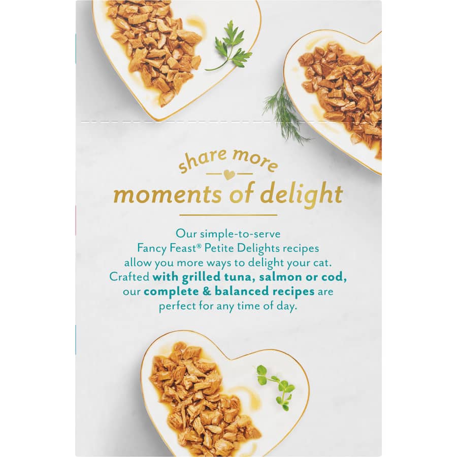 Gourmet wet cat food with grilled tuna, salmon, and cod in a savory sauce, perfect for small appetite cats.