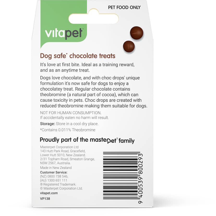 Vitapet Dog Treats Chocolate Drops: safe, tasty training treats with low theobromine for happy, healthy pups.