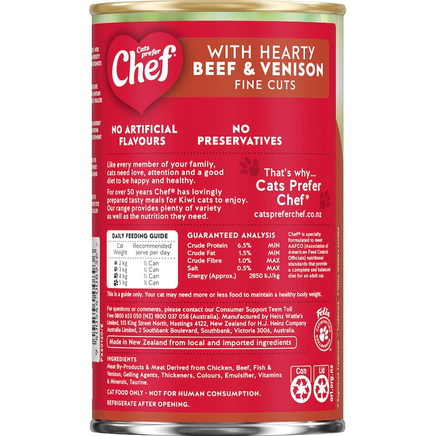 Gourmet wet cat food featuring hearty beef and venison, perfect for a complete and balanced feline diet.