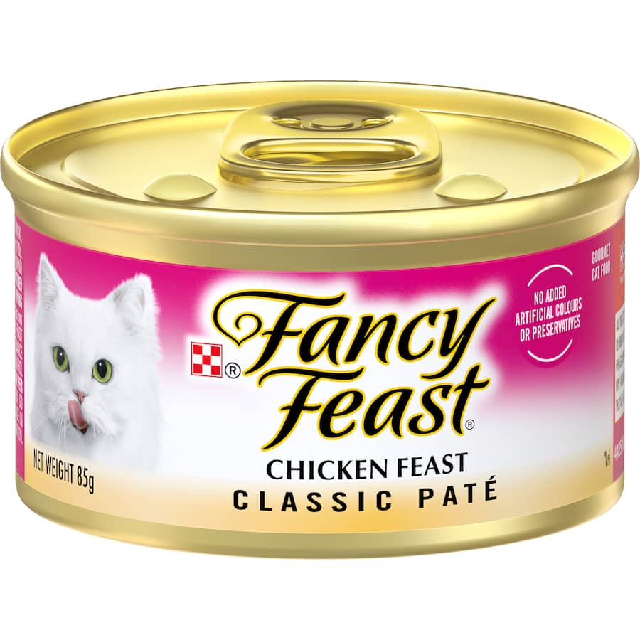 Gourmet wet cat food featuring smooth chicken pate, 100% complete nutrition, and no artificial additives for picky eaters.